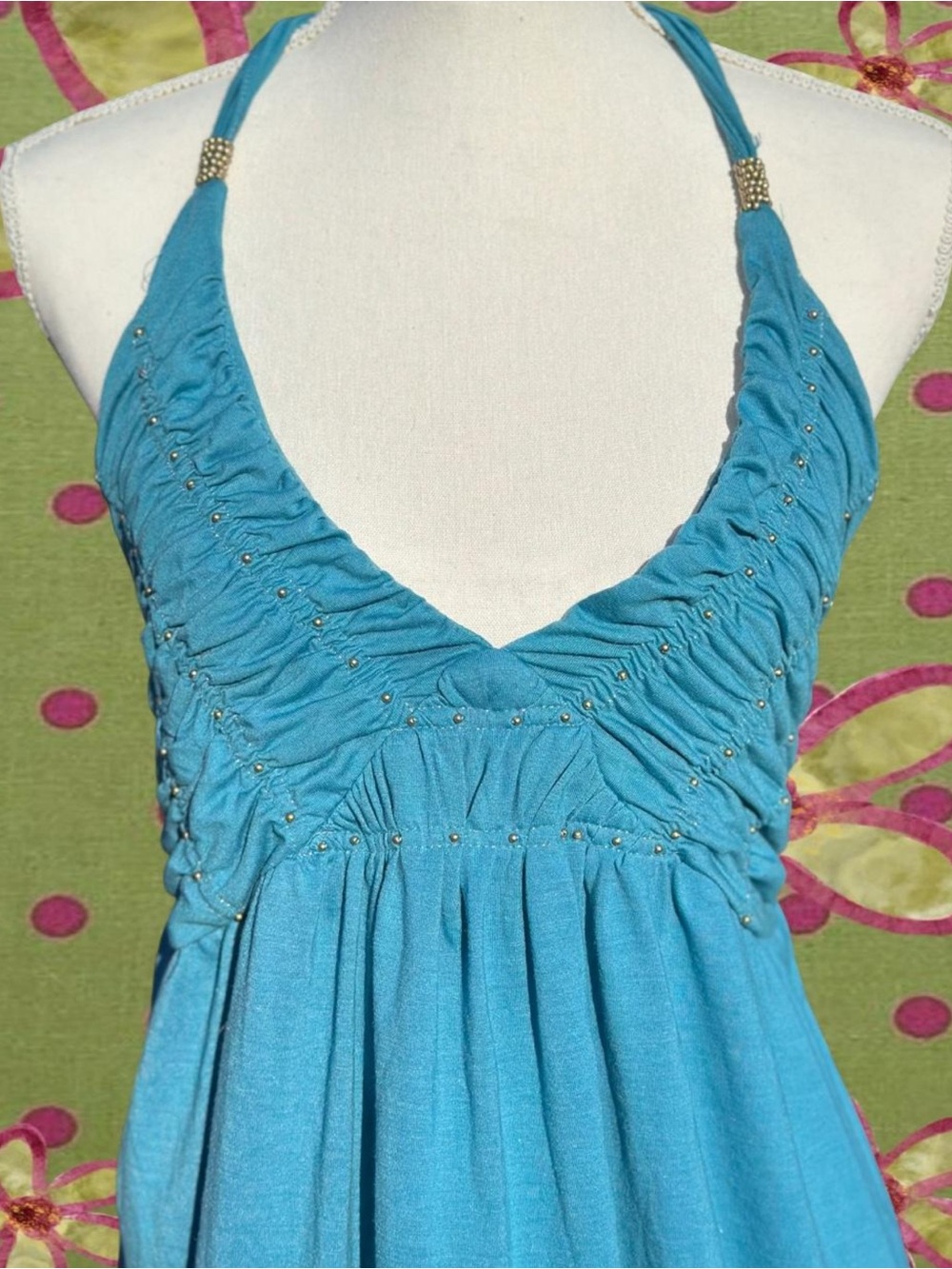 Halter Ruched Babydoll Tank Top - Blue - Picture 2 of 6